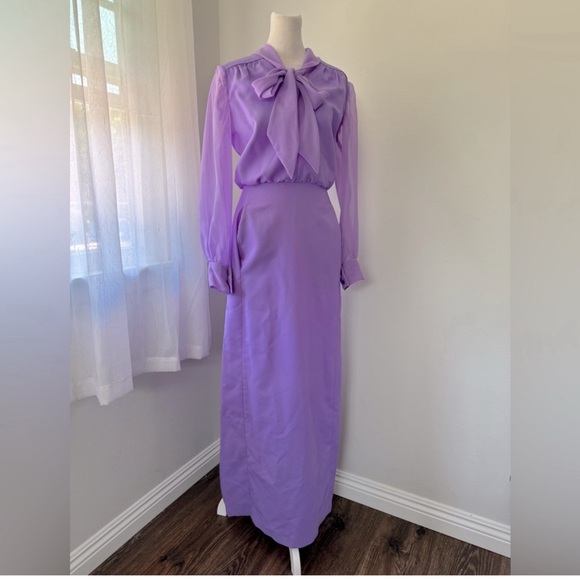 Vintage ‘70s Handmade Lavender Tie Neck Long Sleeve Floor Length Dress - Picture 1 of 5